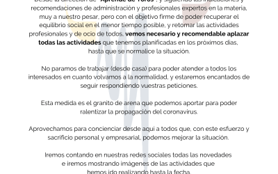 APLAZAMOS, HASTA NUEVO AVISO, TODAS LAS ACTIVIDADES POR LA ALERTA SANITARIA